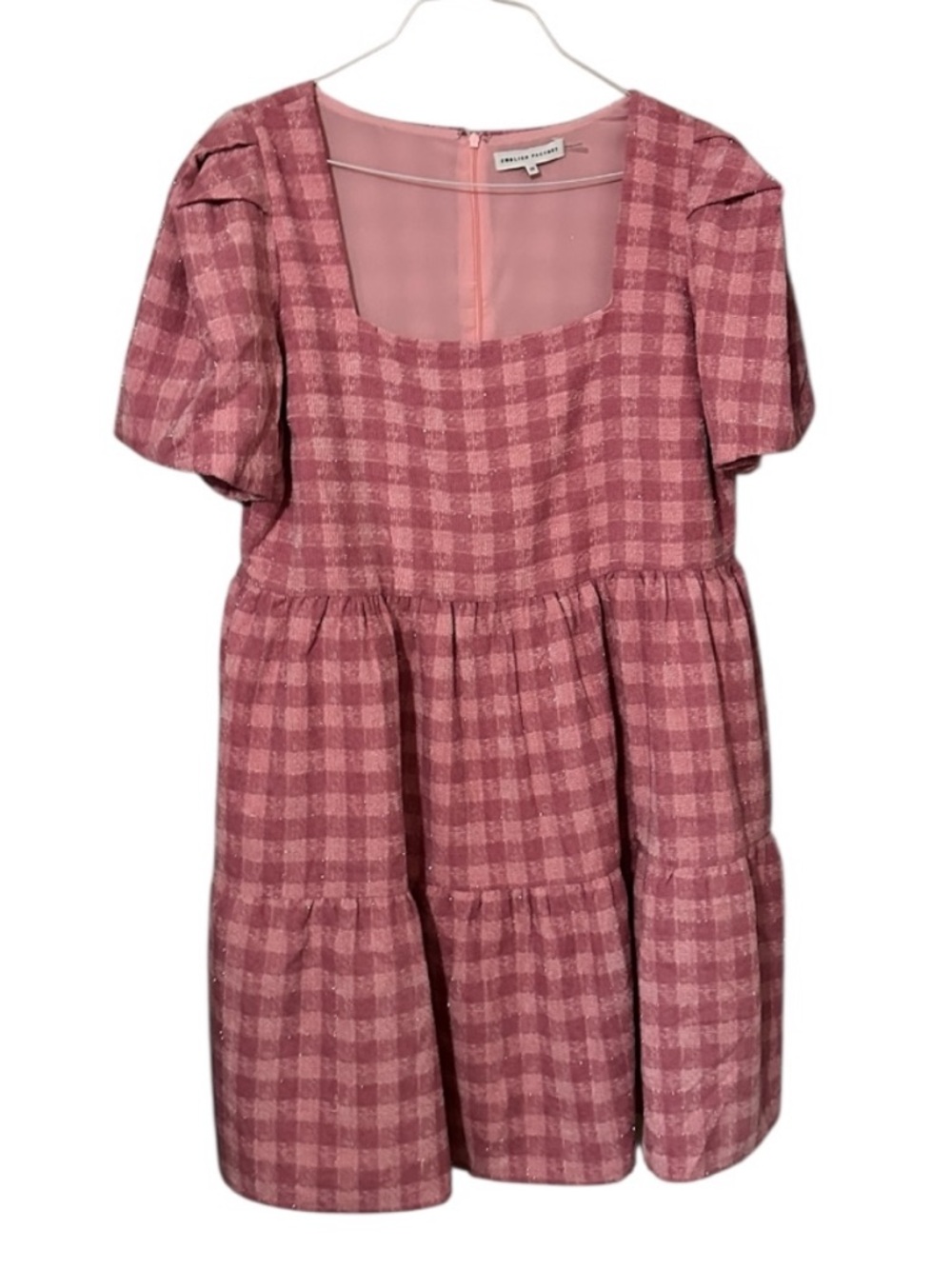 Anthropologie English Factory Pink Gingham Tiered Mini Dress 2X Puff Sleeve
